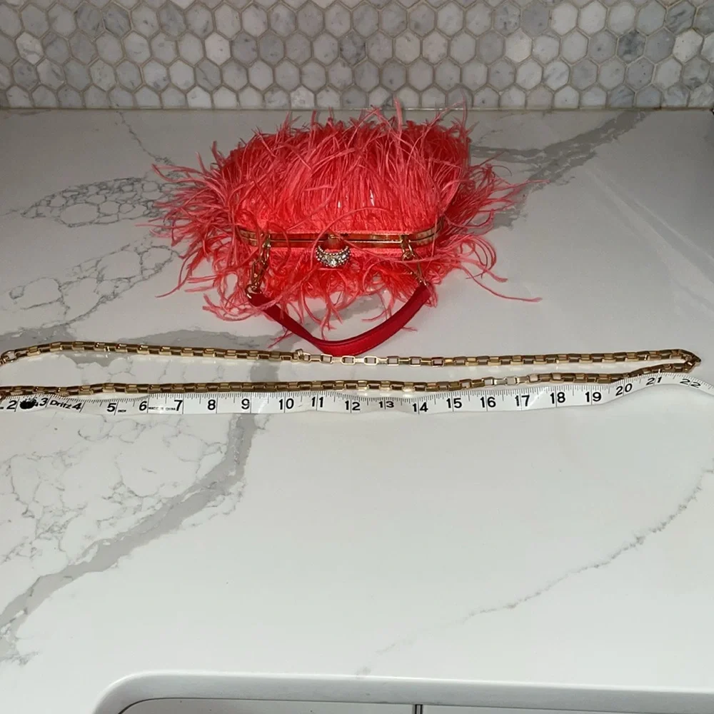 Ostrich Feather Clutch Purse Pink Coral Bag Evening Purse Wedding Dust Bag - Picture 12 of 15